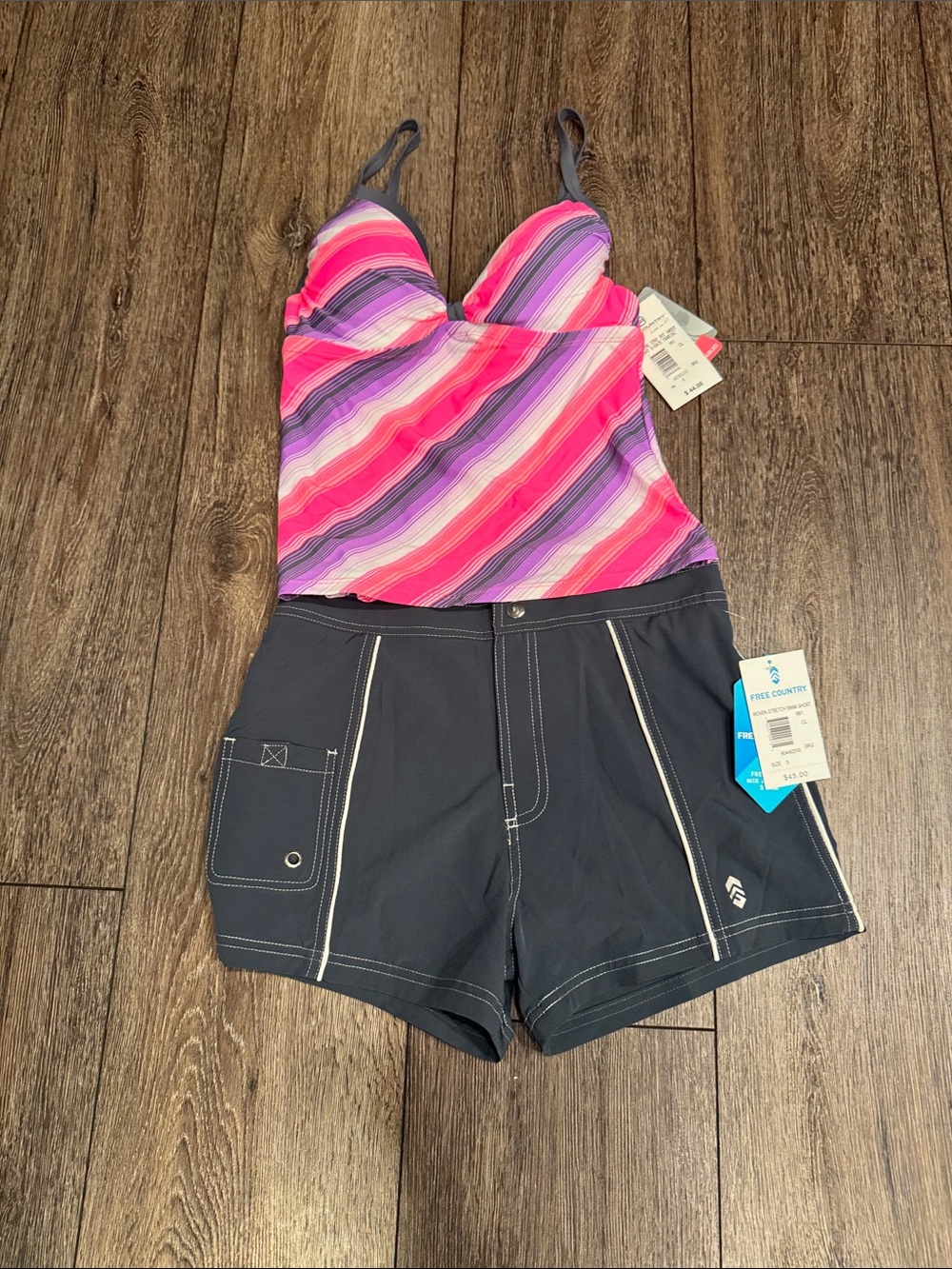 Free Country Pink, Purple & White Striped Tankini Two-Piece with Gray Shorts